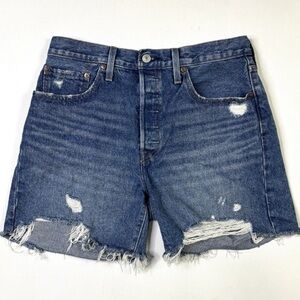 Levis 501 Denim Shorts Womens 31 Button Fly Cut Off Distressed Blue Jean